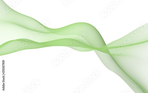 Abstract green wave. Bright green ribbon on white background. Green color scarf. Abstract green color smoke. Raster air background. 3D illustration