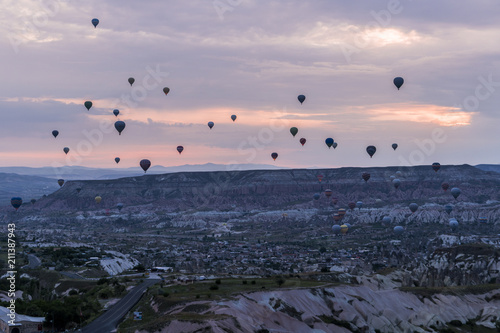 The great tourist attraction of Cappadocia - balloon flight. View From Uchisar