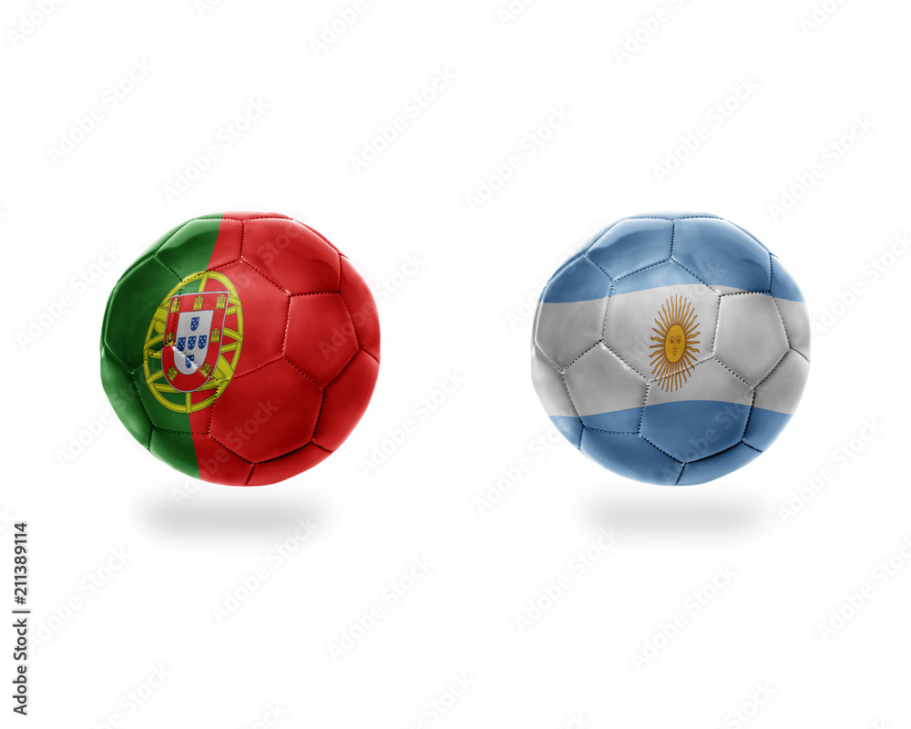Obraz premium football balls with national flags of argentina and portugal.