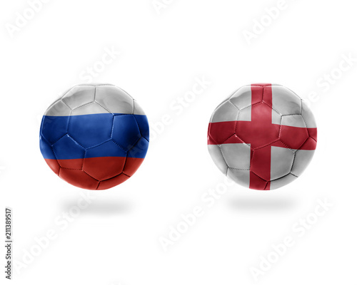 football balls with national flags of england and russia.