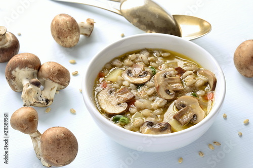 Barley soup with mushrooms and vegetables