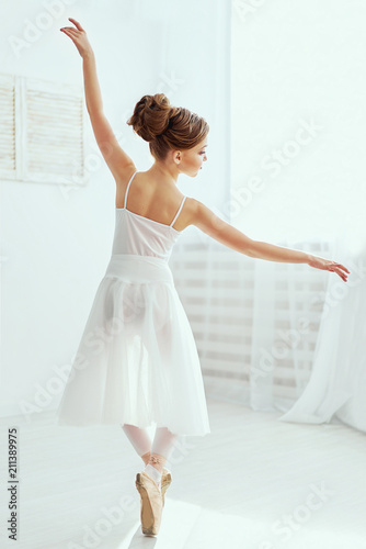 Beautiful ballerina is posing and dancing in a white studio full of light. The photo greatly reflects the incomparable beauty of a classical ballet art.