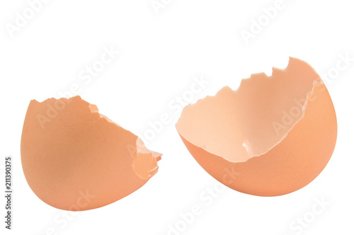 Broken eggshell closeup, isolated cracked brown empty egg shell macro detail, bright detailed studio shot, large copy space