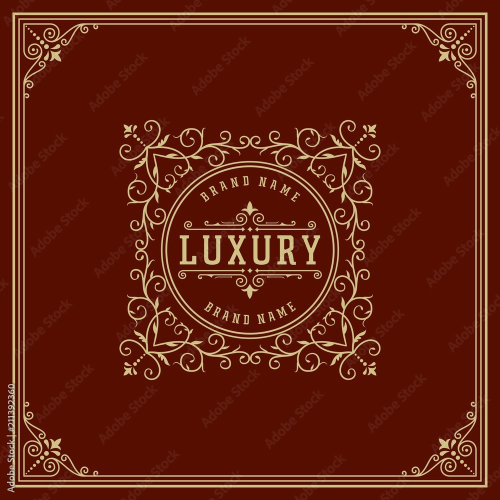 Luxury logo template vector golden vintage flourishes ornament. Good for royal crest, boutique brand, wedding shop, hotel sign, Fashion and other vector illustration