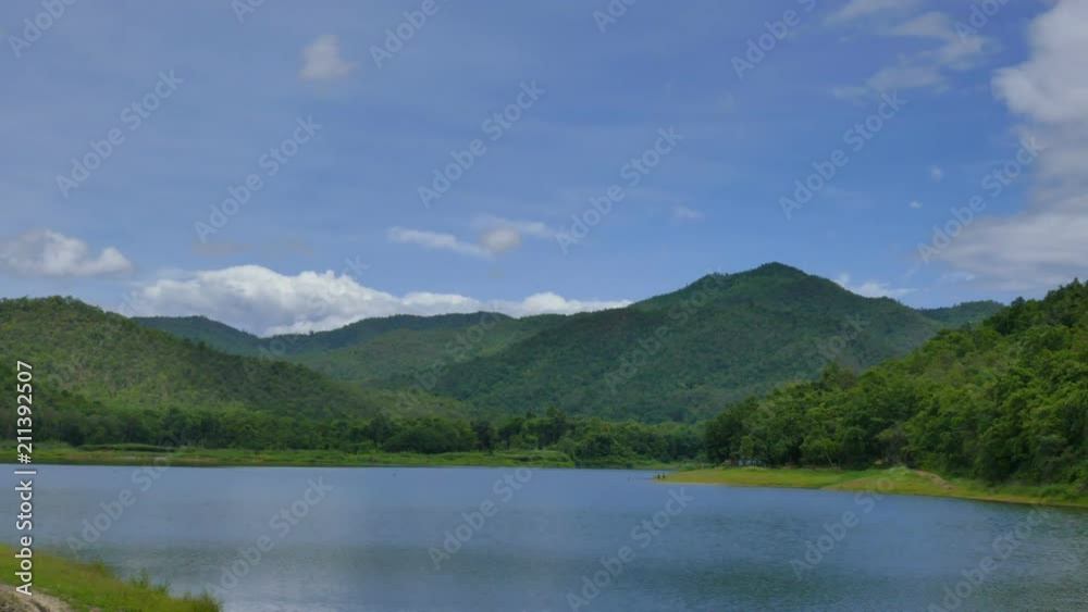 White clouds and mountain backdrops and lakes. White clouds and mountain backdrops and lakes.