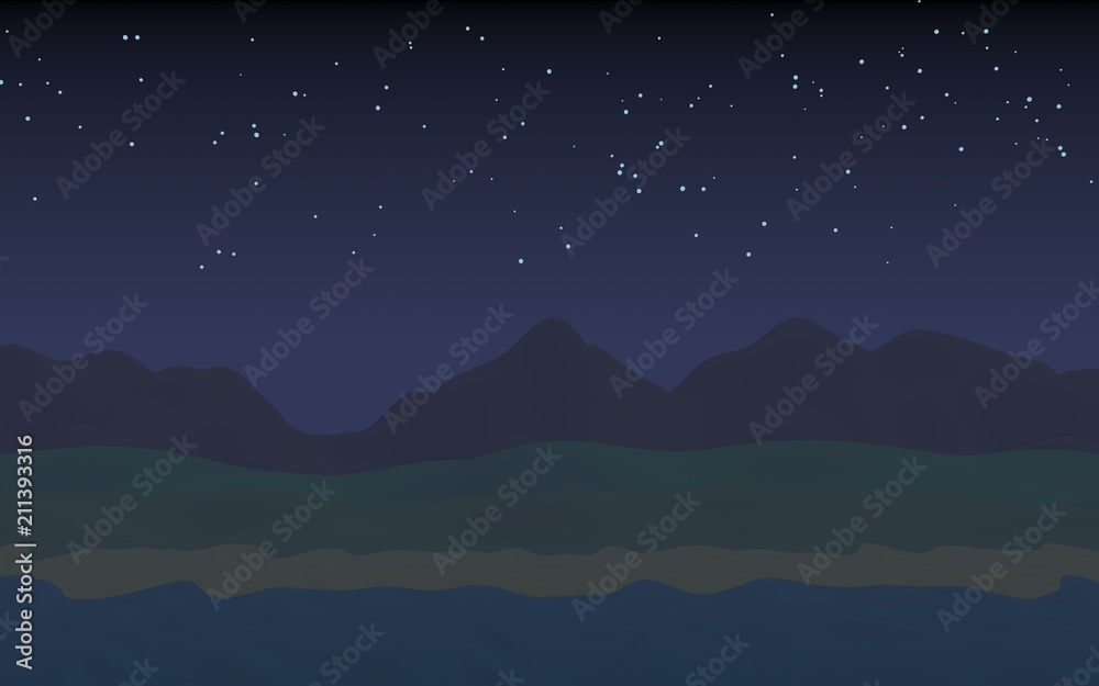 Starry moonless sky. Ocean shore line with waves on a beach. Island beach paradise with waves. Vacation, summer, relaxation. Seascape, seashore. Minimalist landscape, primitivism. 3D illustration