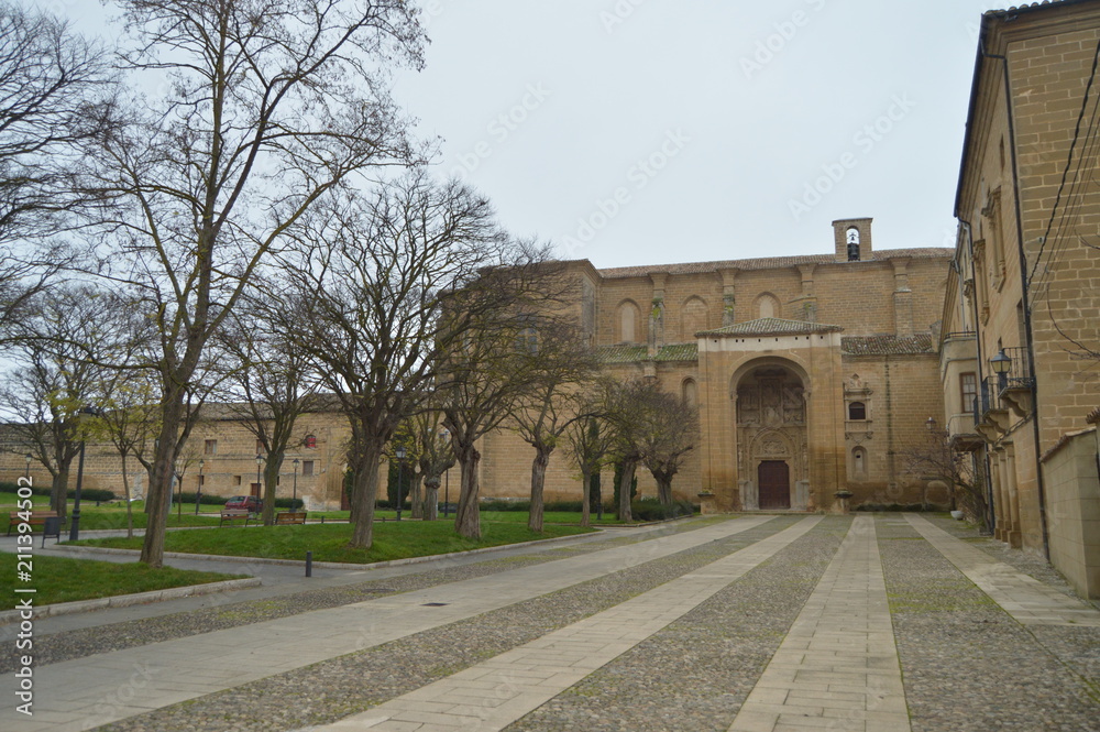 Main Square Of Casalarreina With Its Picturesque Buildings And The Church Of San Martin. Architecture, Art, History, Travel. December 27, 2015. Casalarriena, La Rioja, Spain.