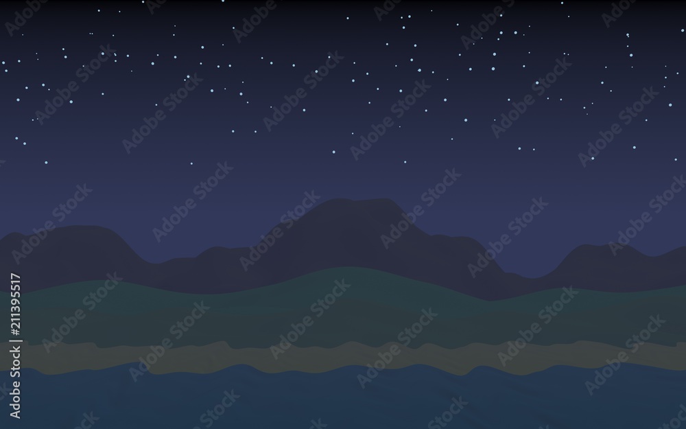 Fototapeta premium Starry moonless sky. Ocean shore line with waves on a beach. Island beach paradise with waves. Vacation, summer, relaxation. Seascape, seashore. Minimalist landscape, primitivism. 3D illustration