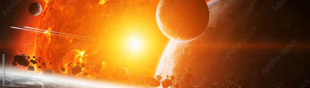 Obraz premium Exploding sun in space close to planet 3D rendering elements of this image furnished by NASA