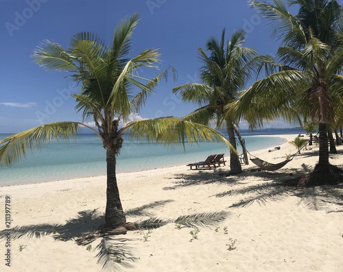 Palm trees on beautiful white sand beach  Modessa Island  Palawan  Philippines