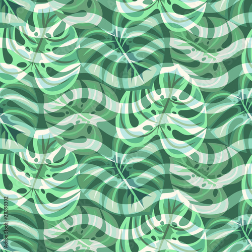 Botany monstera leaves and chevron lines trendy background seamless pattern. Green tree branches vector pattern backdrop summer time.