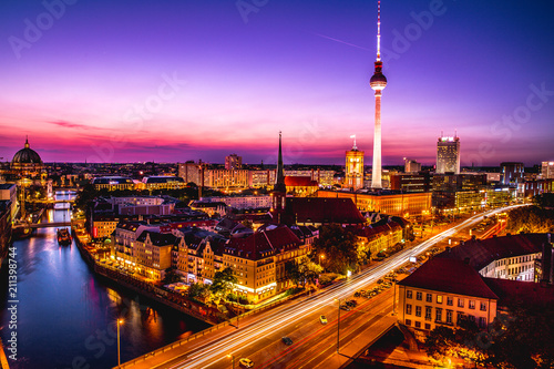 Aerial Berlin skyline panorama with TV tower and Spree river at sunset  Germany 