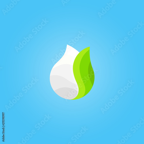 White drop with fresh leave on blue background, vector logo template