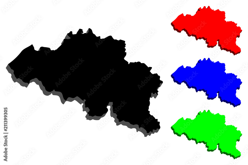 3D map of Belgium (Kingdom of Belgium) - black, red, blue and green - vector illustration