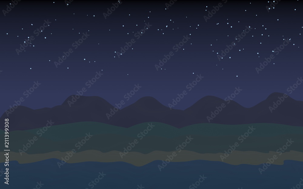 Starry moonless sky. Ocean shore line with waves on a beach. Island beach paradise with waves. Vacation, summer, relaxation. Seascape, seashore. Minimalist landscape, primitivism. 3D illustration Starry moonless sky. Ocean shore line with waves on a beach. Island beach paradise with waves. Vacation, summer, relaxation. Seascape, seashore. Minimalist landscape, primitivism. 3D illustration