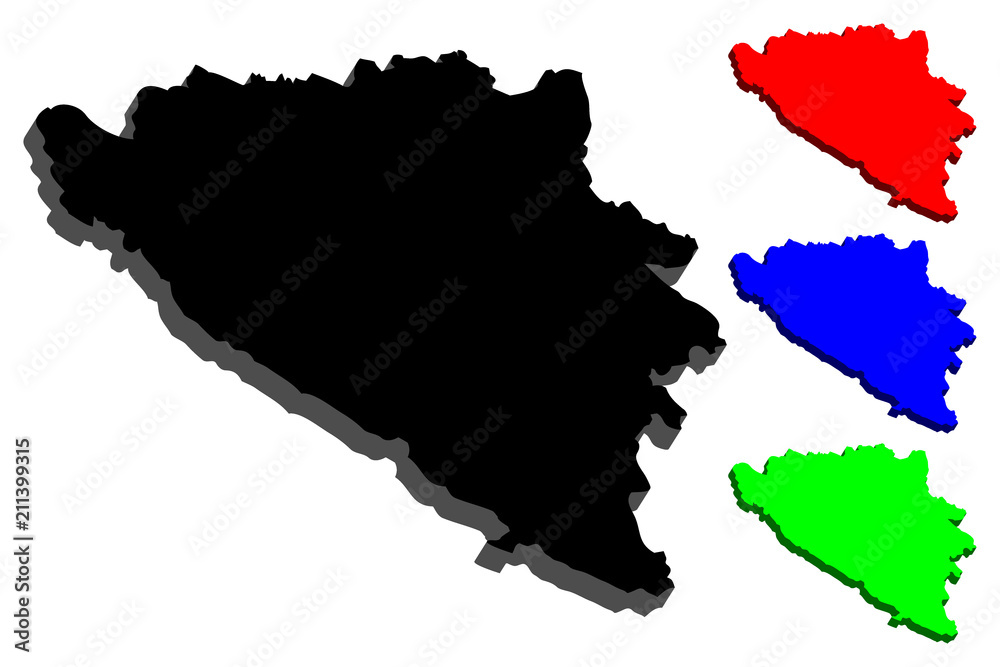 3D map of Bosnia and Herzegovina (BiH) - black, red, blue and green - vector illustration