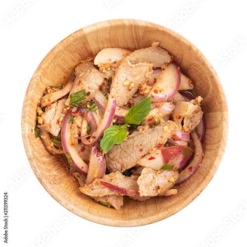 Top view Hot and Spicy Grilled Pork Salad on a white background, Nam Tok Moo