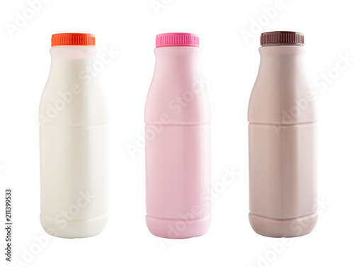 Strawberry, chocolate and fresh milk bottles isolated on white with clipping path