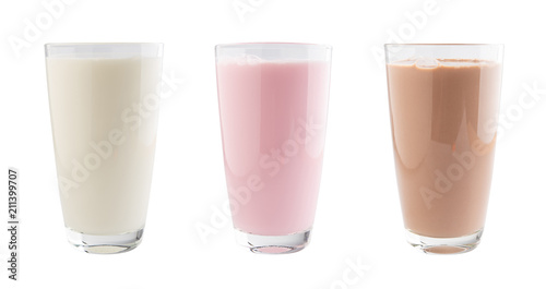 Strawberry, chocolate and fresh milk in a glass isolated on white