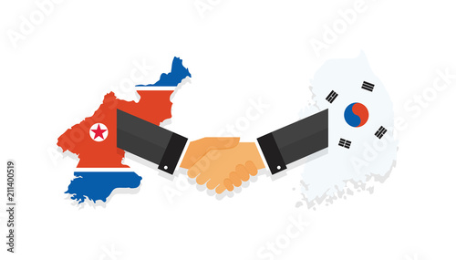 Representatives of the South and North Korea shake hands. Korea peace talks. South and North Korea flags on map. vector illustration