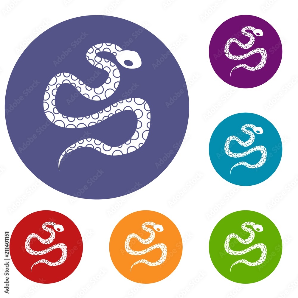 Python snake icons set in flat circle red, blue and green color for web Python snake icons set in flat circle red, blue and green color for web