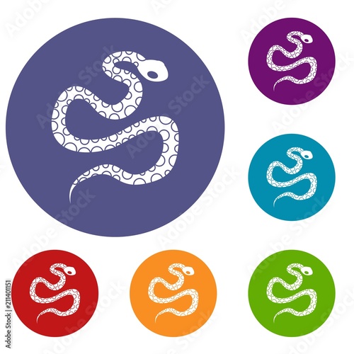 Python snake icons set in flat circle red  blue and green color for web