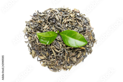 Green tea leaf isolated on white background.