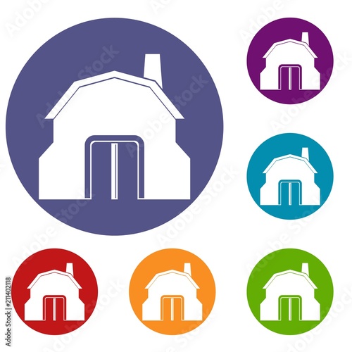 Blacksmith workshop building icons set in flat circle red, blue and green color for web