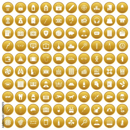 100 case icons set in gold circle isolated on white vector illustration