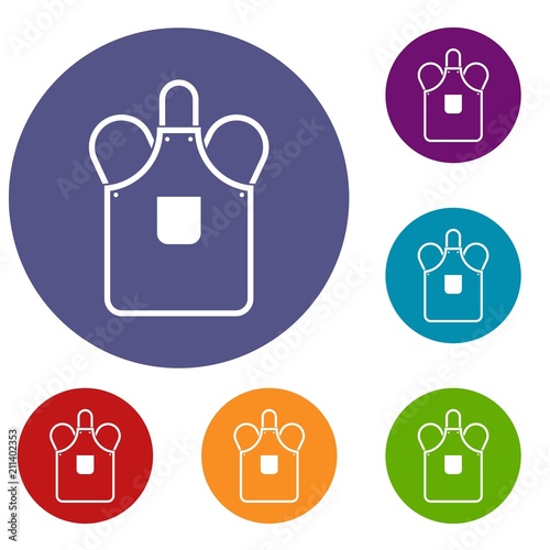 Blacksmiths apron icons set in flat circle red, blue and green color for web
