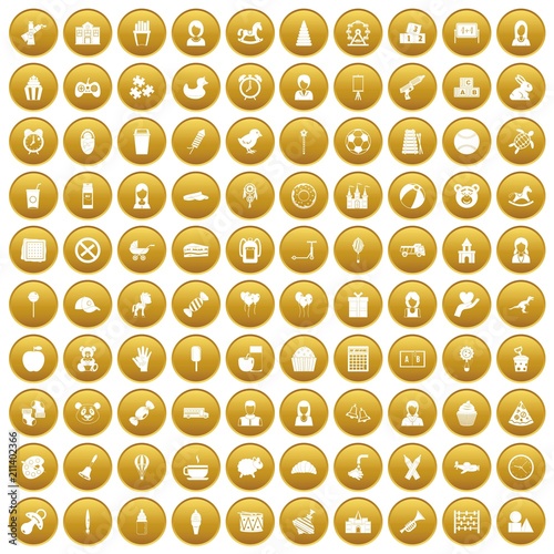 100 child center icons set in gold circle isolated on white vector illustration