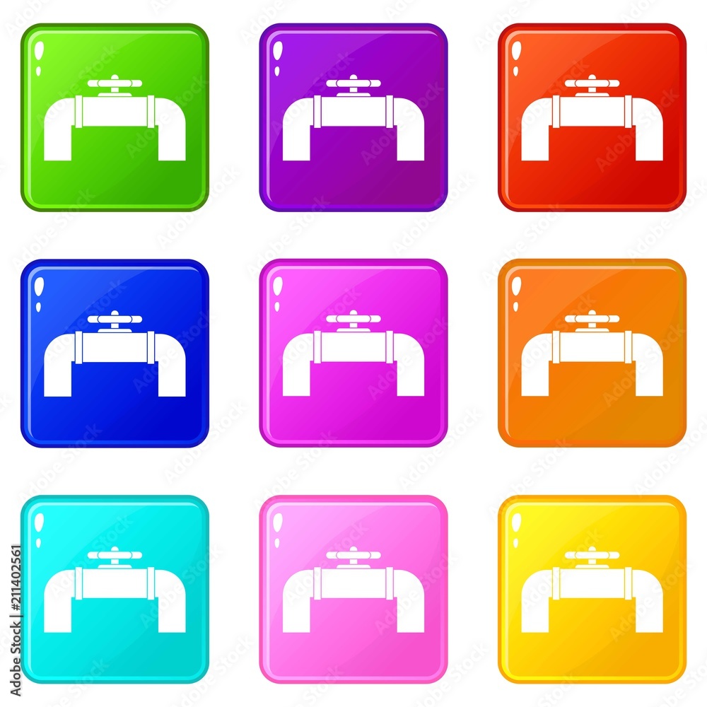 Industrial pipe valve icons of 9 color set isolated vector illustration Industrial pipe valve icons of 9 color set isolated vector illustration