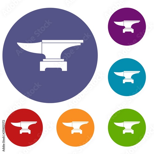 Heavy black metal anvil icons set in flat circle red, blue and green color for web
