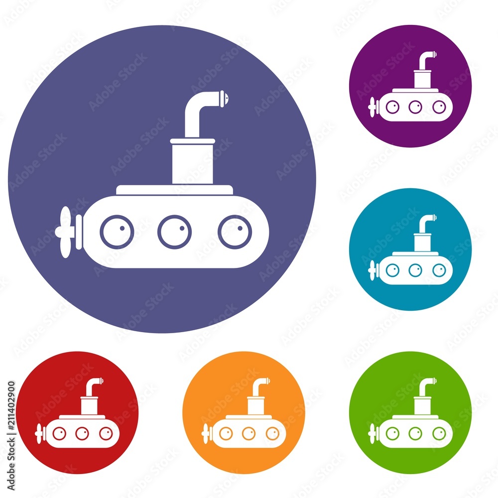 Submarine icons set in flat circle red, blue and green color for web Submarine icons set in flat circle red, blue and green color for web