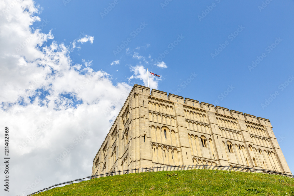 View from below of the beautiful medieval castle of the city of Norwich on a sunny day, England