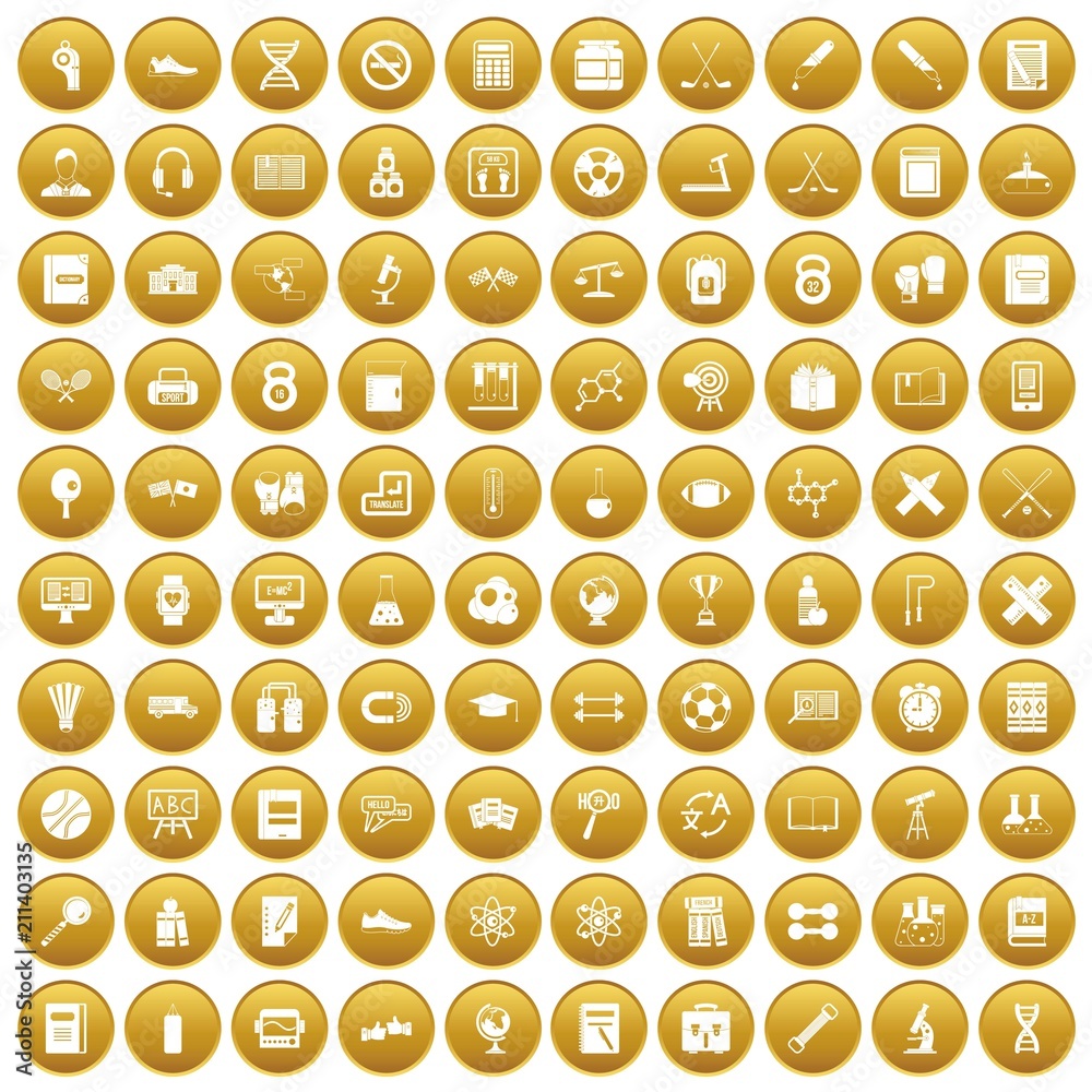 100 college icons set in gold circle isolated on white vector illustration 100 college icons set in gold circle isolated on white vector illustration