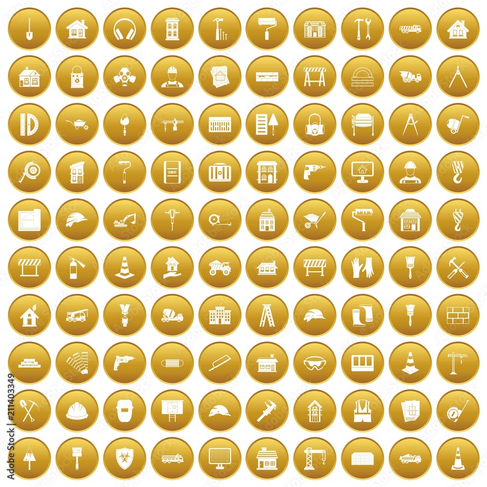 100 construction icons set in gold circle isolated on white vector illustration 100 construction icons set in gold circle isolated on white vector illustration