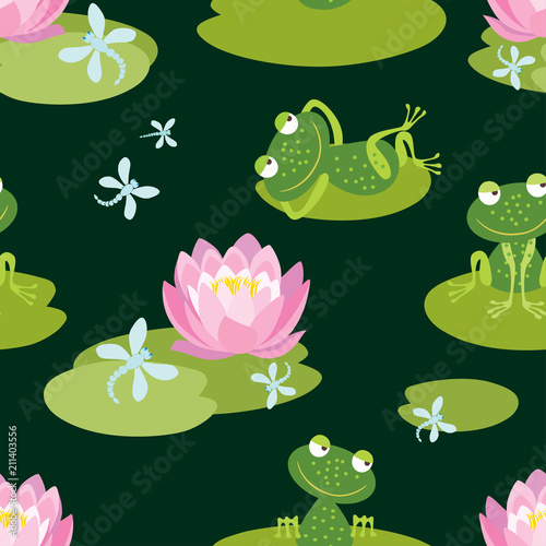 Pattern of funny frogs on a flowering pond