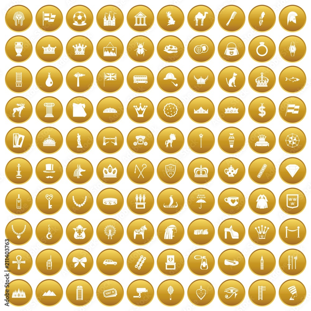 100 crown icons set in gold circle isolated on white vector illustration 100 crown icons set in gold circle isolated on white vector illustration