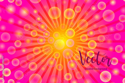 Vector background with random, chaotic, scattered bokeh circles, rays and bright pink and orange colors.