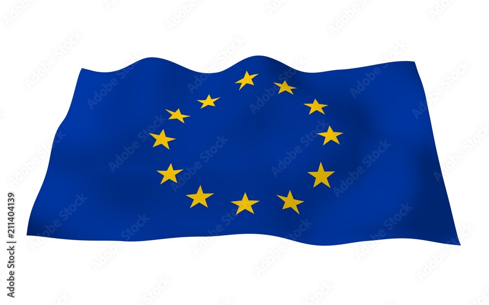 Slightly waving flag of the European Union isolated on white background, 3D rendering. Symbol of Europe Slightly waving flag of the European Union isolated on white background, 3D rendering. Symbol of Europe