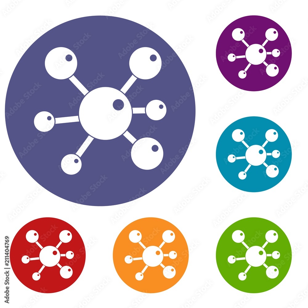 Chemical and physical atoms molecules icons set in flat circle red, blue and green color for web Chemical and physical atoms molecules icons set in flat circle red, blue and green color for web