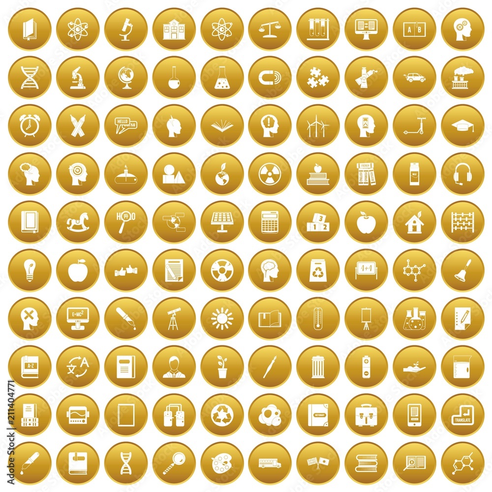 100 education icons set in gold circle isolated on white vector illustration 100 education icons set in gold circle isolated on white vector illustration