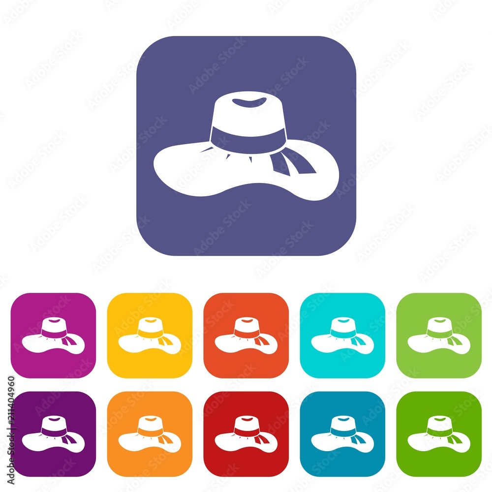 Woman hat icons set vector illustration in flat style in colors red, blue, green, and other Woman hat icons set vector illustration in flat style in colors red, blue, green, and other