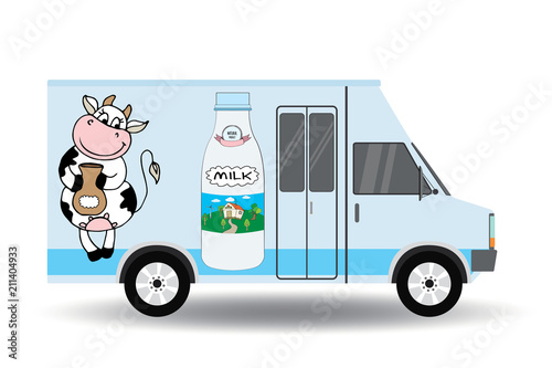 Milk truck,cow and milk bottle on truck board,isolated on white background,