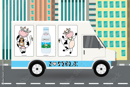 Milk truck,cow on truck board,