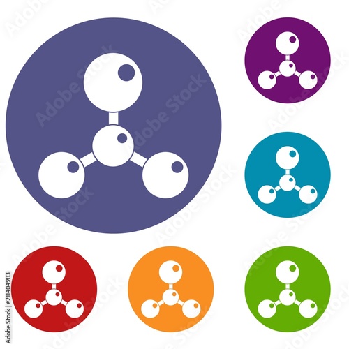 Chemical and physical atoms molecules icons set in flat circle red, blue and green color for web