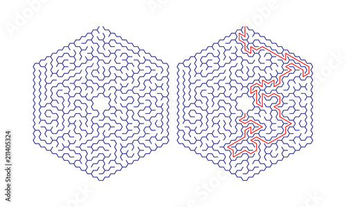Hexagonal labyrinth with a solution. Color hexagonal maze. A useful puzzle game for children and adults