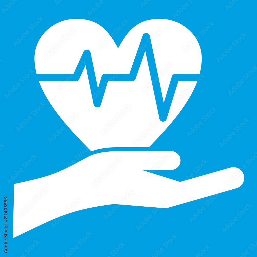 Hand holding heart with ecg line icon white isolated on blue background vector illustration Hand holding heart with ecg line icon white isolated on blue background vector illustration