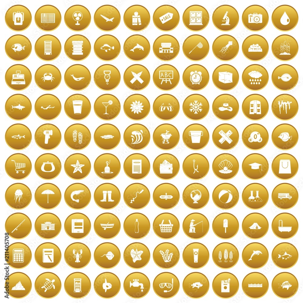100 fish icons set in gold circle isolated on white vector illustration 100 fish icons set in gold circle isolated on white vector illustration